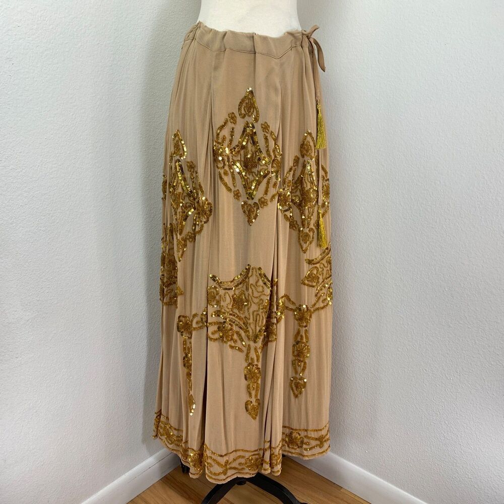 Soft Surroundings Mocha Gold Sequin Full Maxi Skirt Large Festival Gypsy Fairy